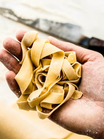 Freshly made hand cut pasta dough in a hand.