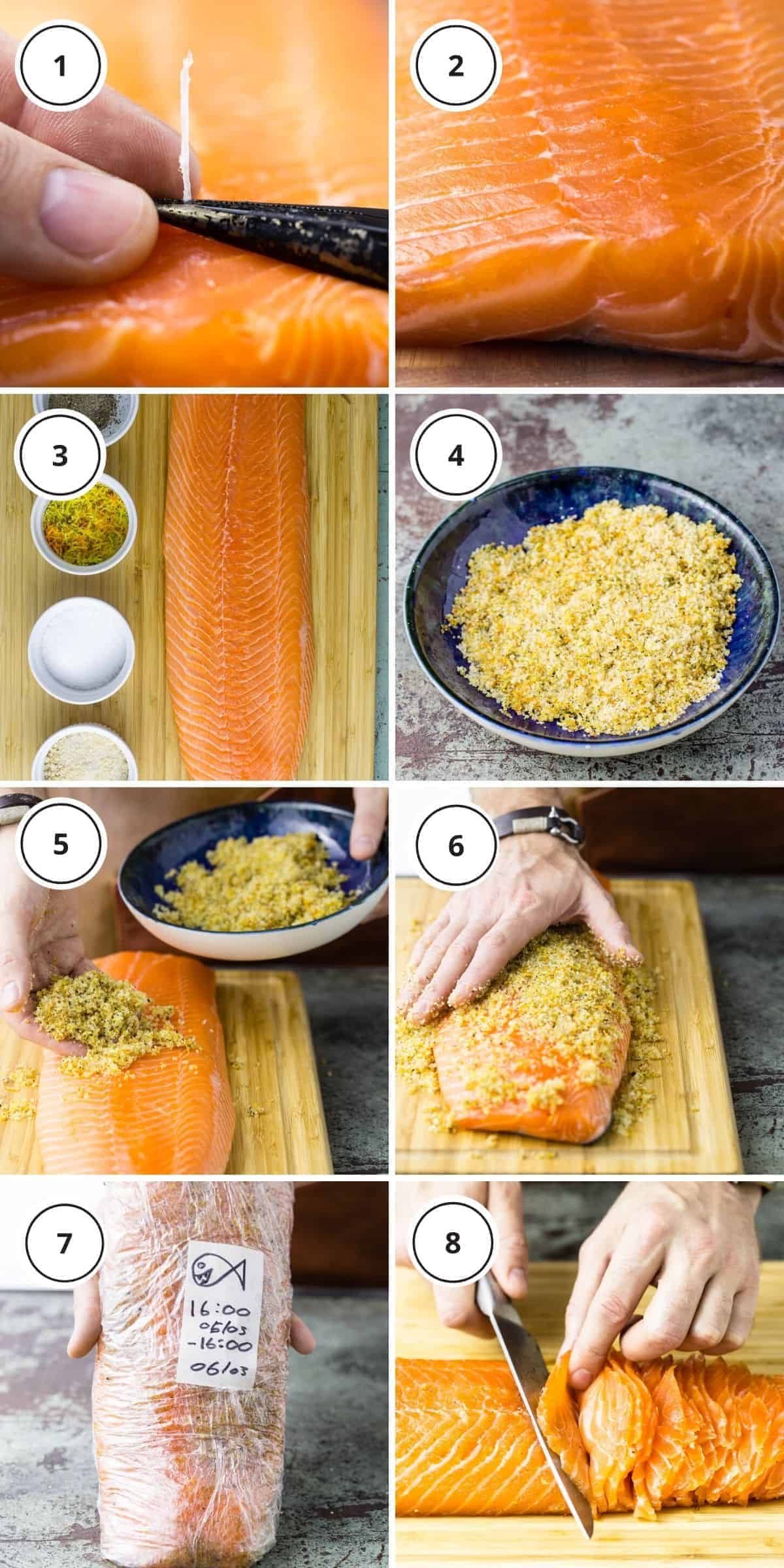 picture steps of written instructions how to cure the salmon