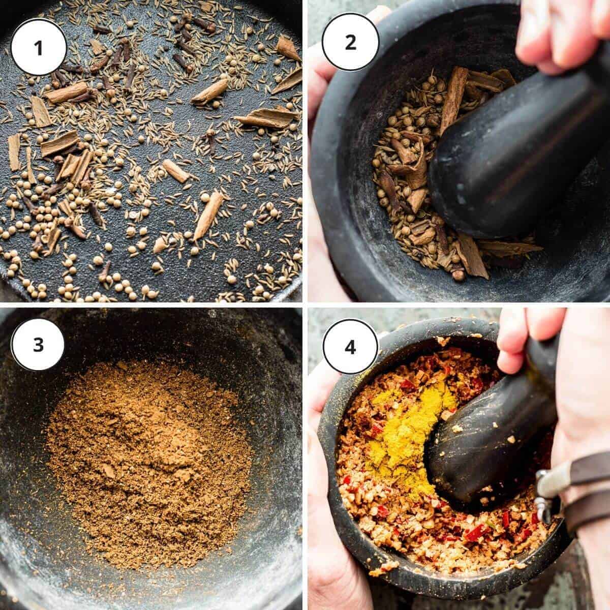 picture steps to make massaman curry paste.