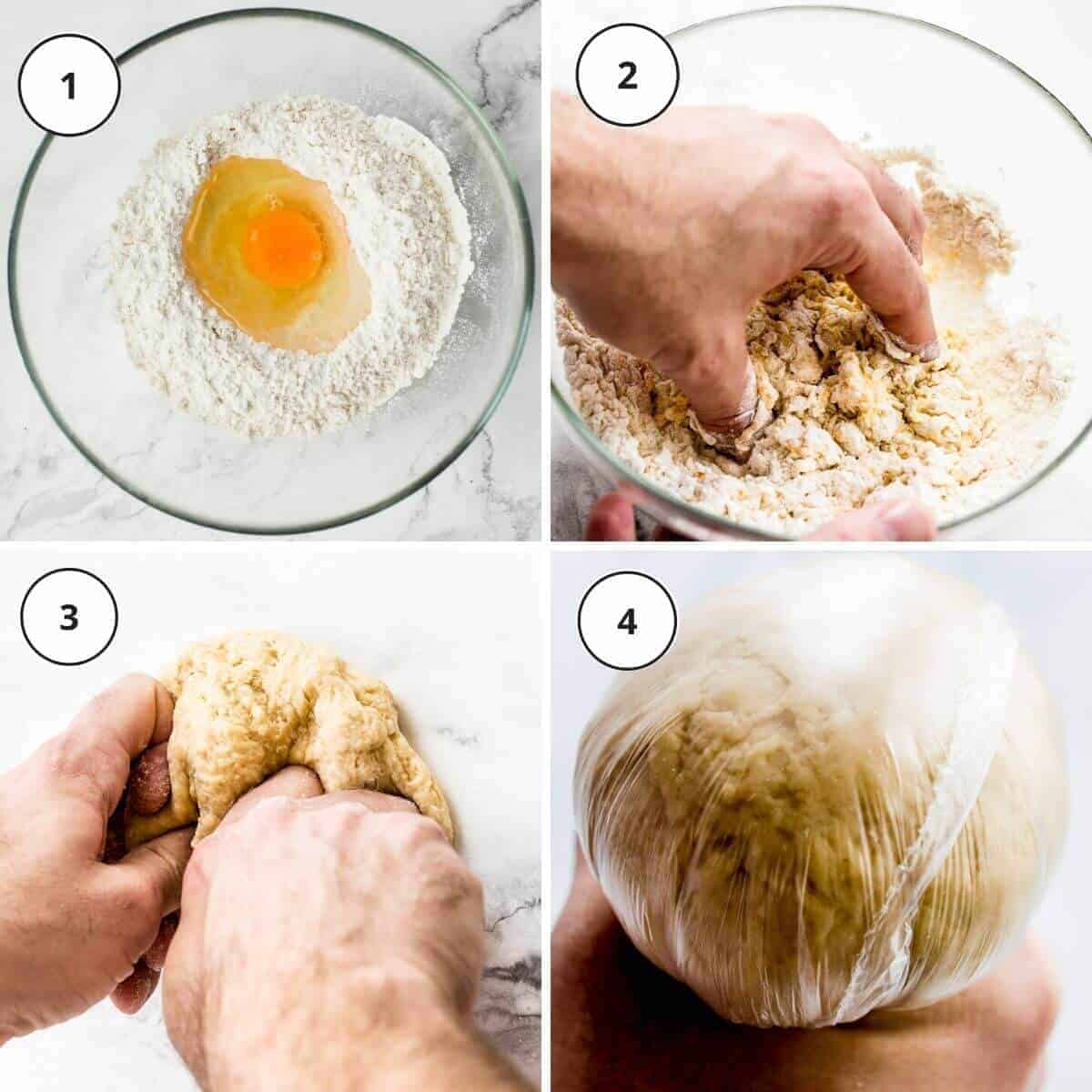 picture steps to mix pasta dough by hand.