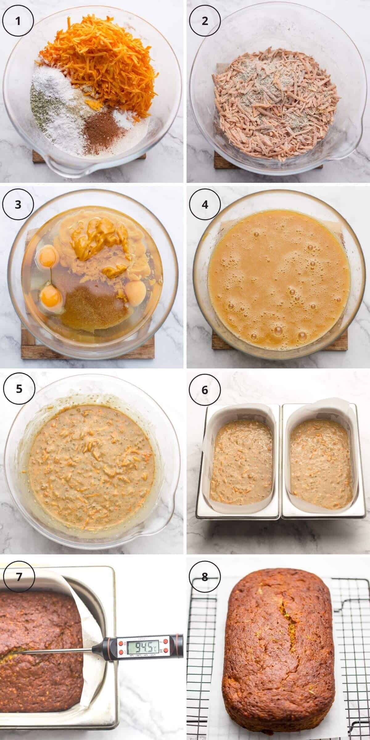Picture collage of steps to make the cake.