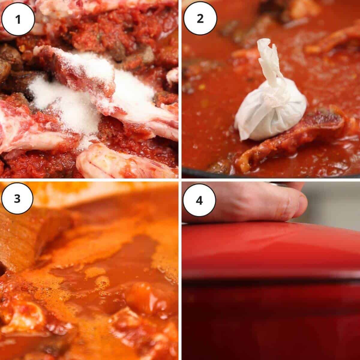 Picture steps 5 to 8 for making tomato bredie.