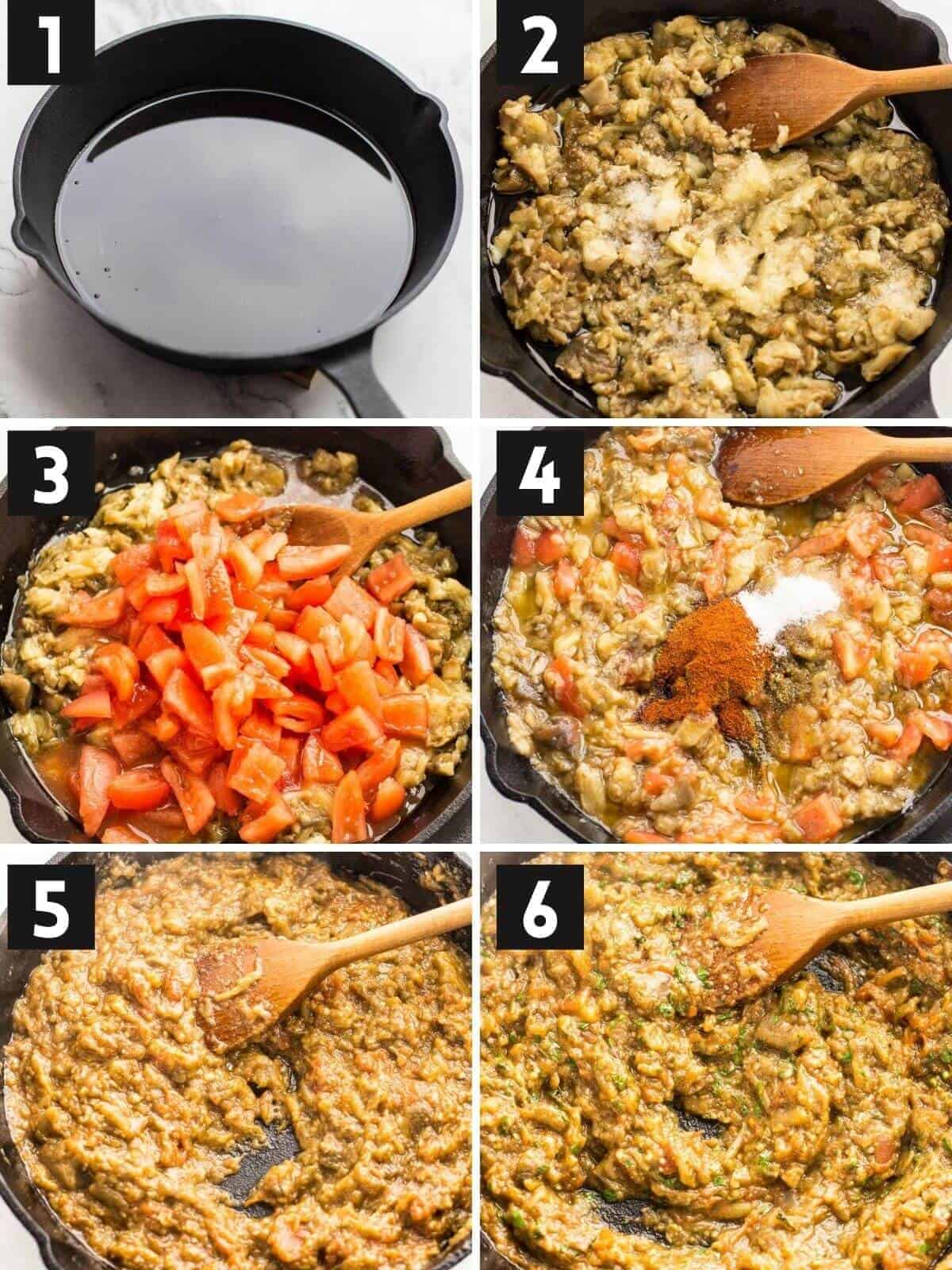 Step-by-step cooking instructions in collage format for zaalouk.