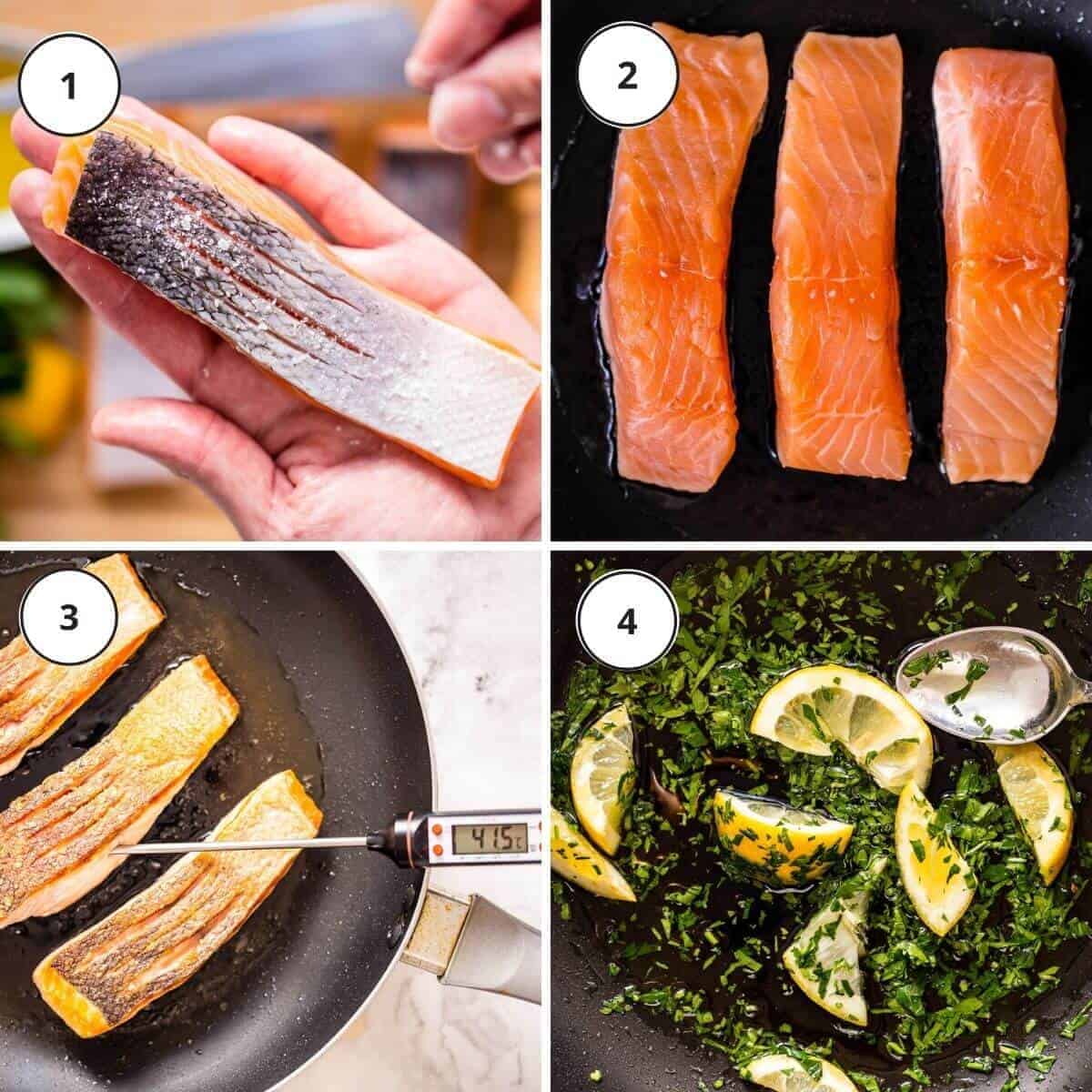 picture instructions how to pan fry salmon fillet.