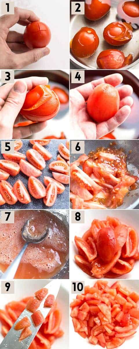 picture steps how to blanch tomatoes.