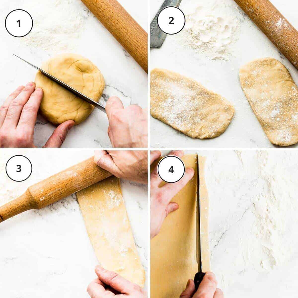 picture steps how to roll and cut fresh pasta dough by hand.
