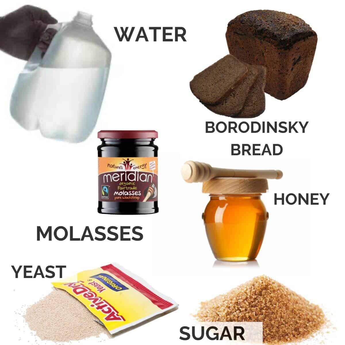 Ingredients for making bread kvass on a white background with text.