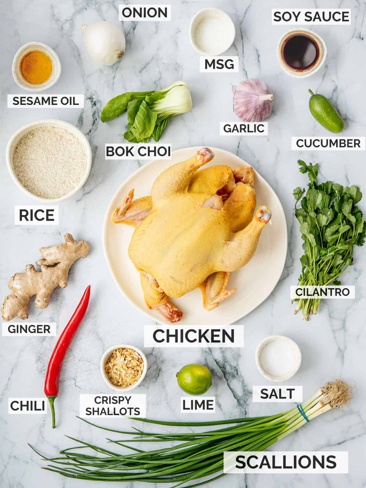 Ingredients for making Hainanese chicken on a marble background.