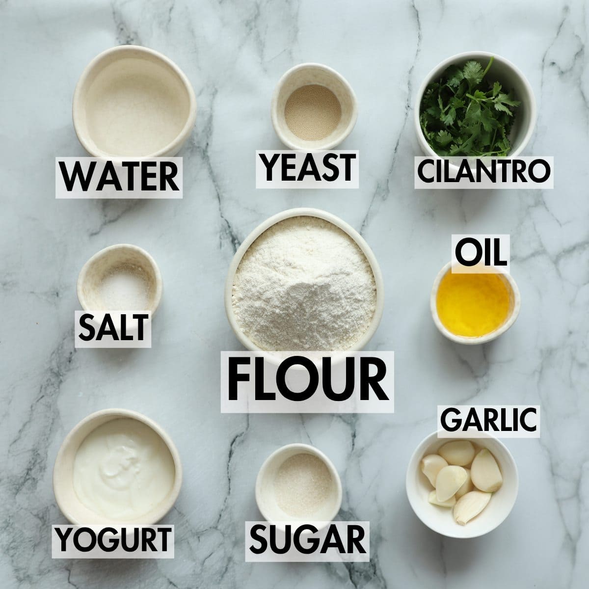 Naan ingredients on a board.