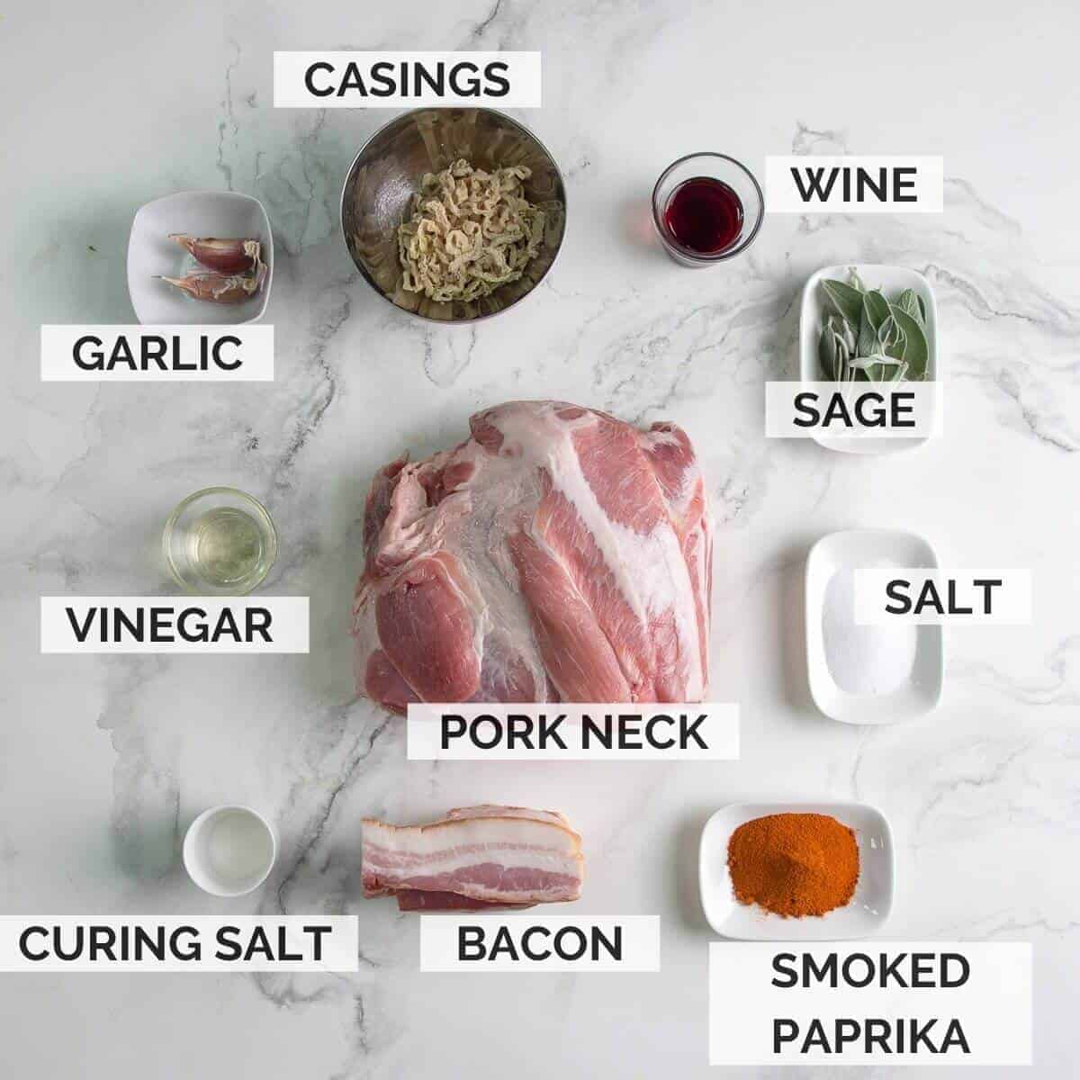 ingredients for making pork droewors on a marble background
