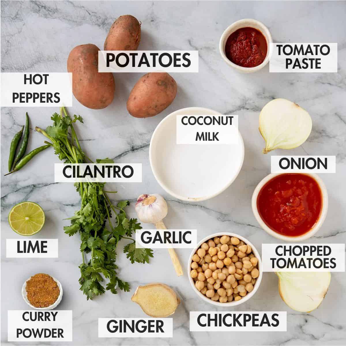 Labeled ingredients for making potato chickpea curry.