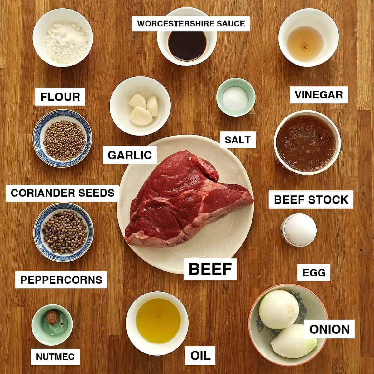 Ingredients for South African pepper steak pie including chuck steak, puff pastry, onions, garlic, black pepper, and beef stock arranged on a wooden countertop.