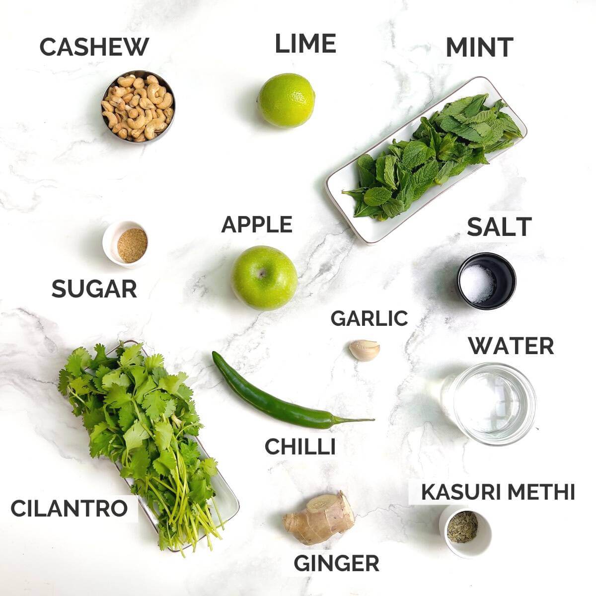 Ingredients for making cilantro mint chutney.