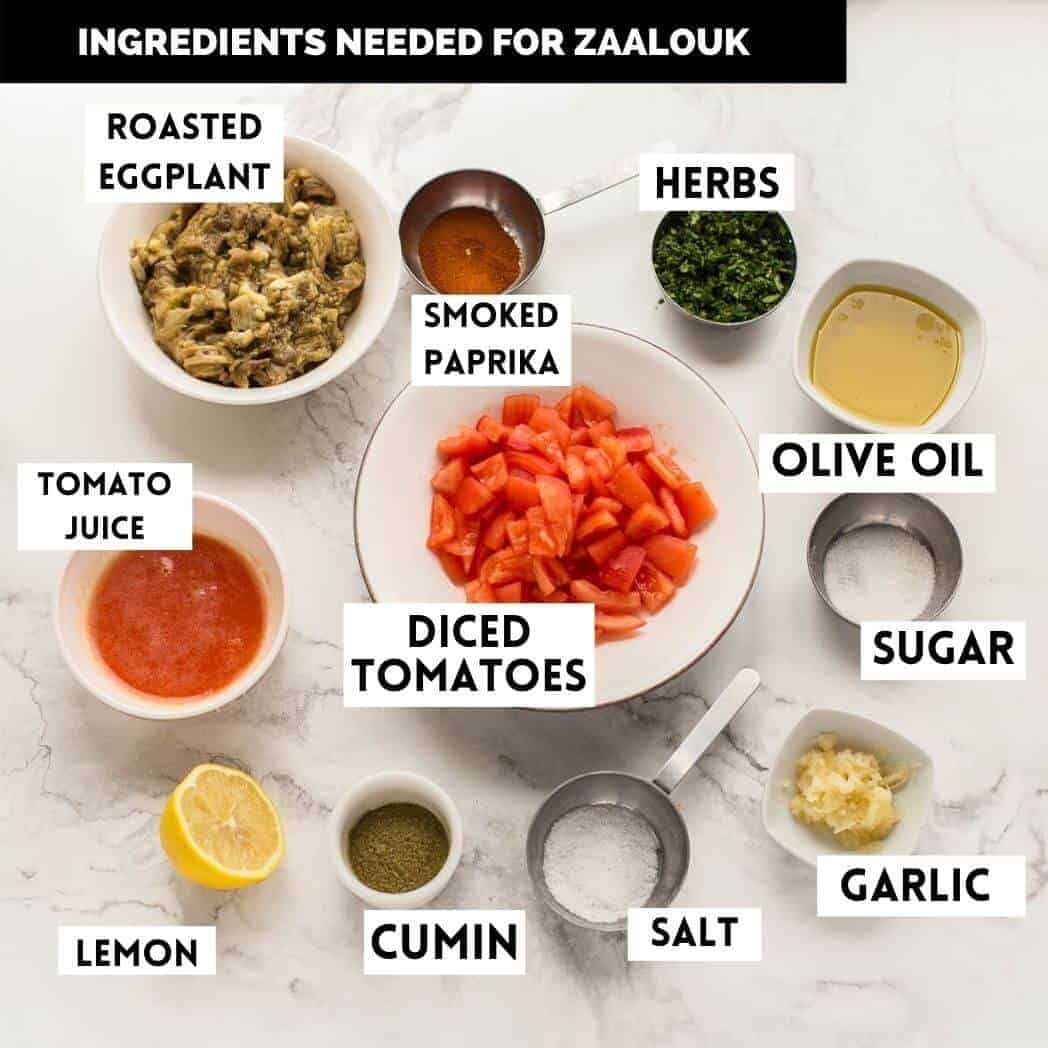 ingredients needed for zaalouk on marble board.