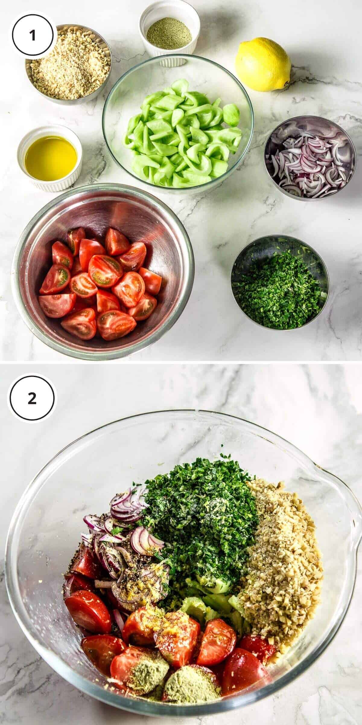 ingredients to make salad on marble background.