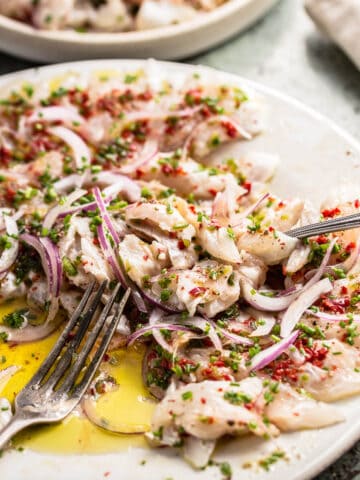 seabass crudo on a white plate with fork