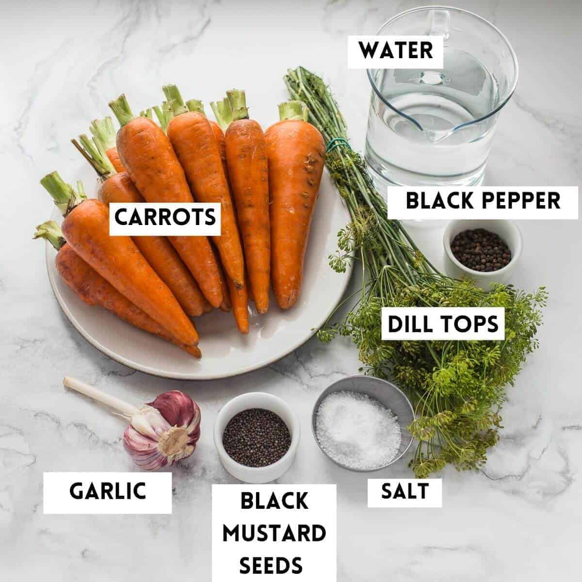 Ingredients needed to ferment carrots.