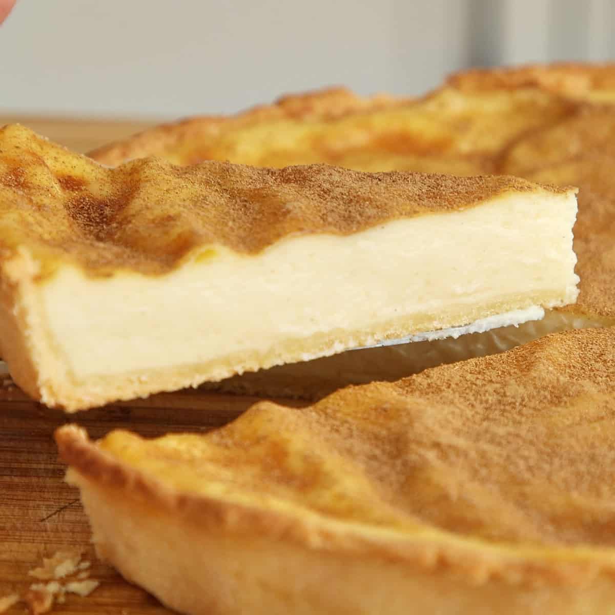 Hand lifting a slice of baked milk tart with cinnamon topping and custard filling.