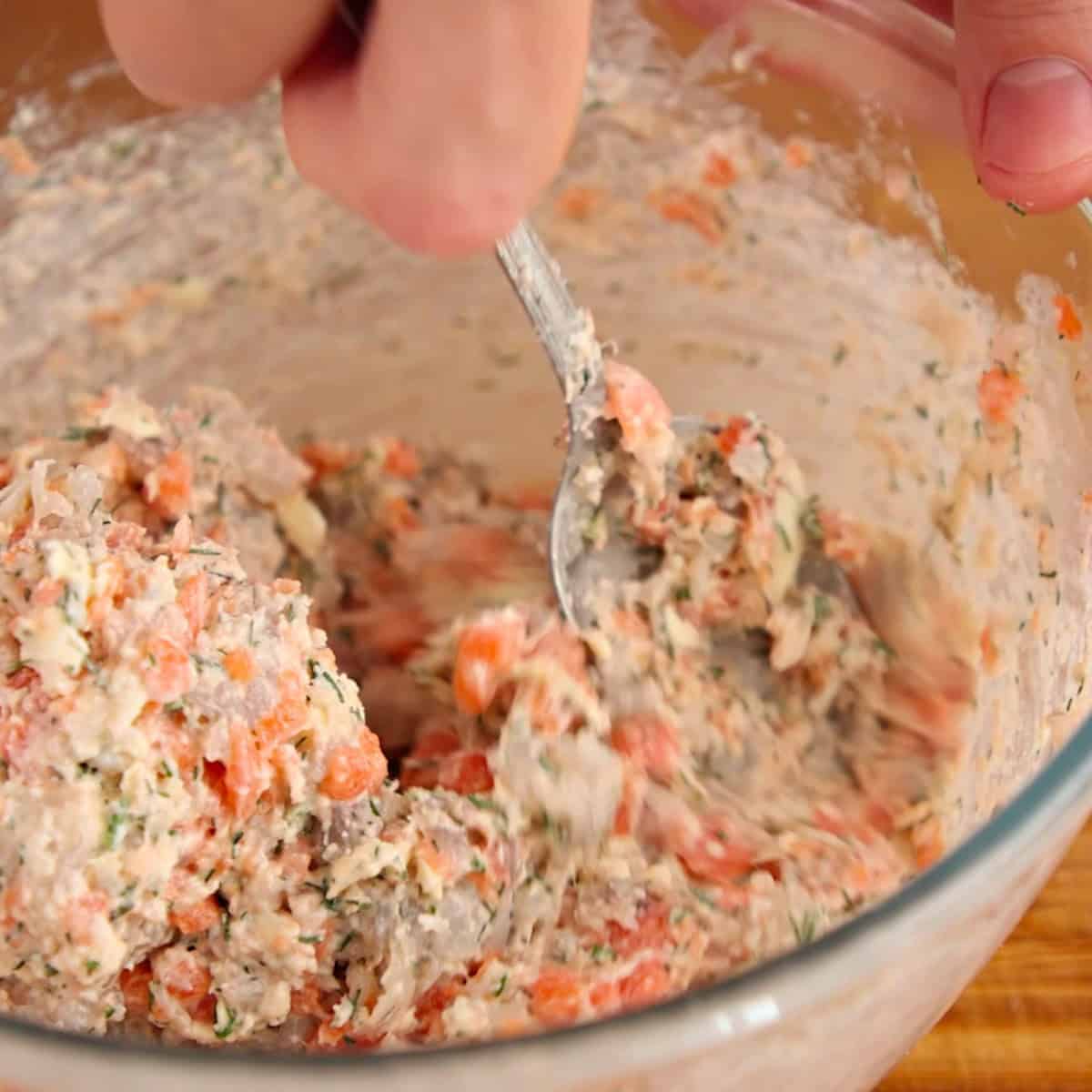 Prepared fish filling in glass bowl.