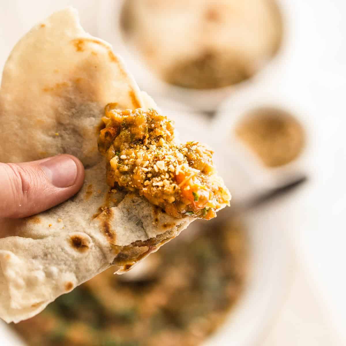 Zaalouk on flatbread.