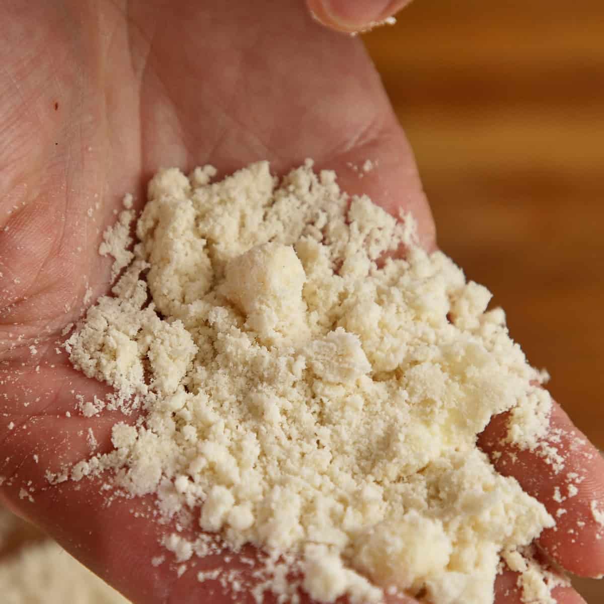 Pastry crumbs and butter mixture held in a palm during pie dough preparation.