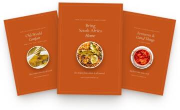 Covers of the three free e-books: Old-World Comfort, Bring South Africa Home, and Ferments & Cured Things.