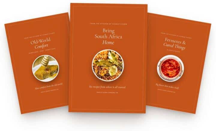 Covers of the three free e-books: Old-World Comfort, Bring South Africa Home, and Ferments & Cured Things.