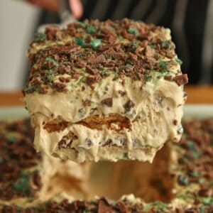 Cross-section of Peppermint Crisp tart on white plate showing distinct layers: caramel mousse, softened coconut Tennis biscuits, mousse, biscuits, and chopped mint chocolate on top, fork cutting through or piece lifted to show interior.