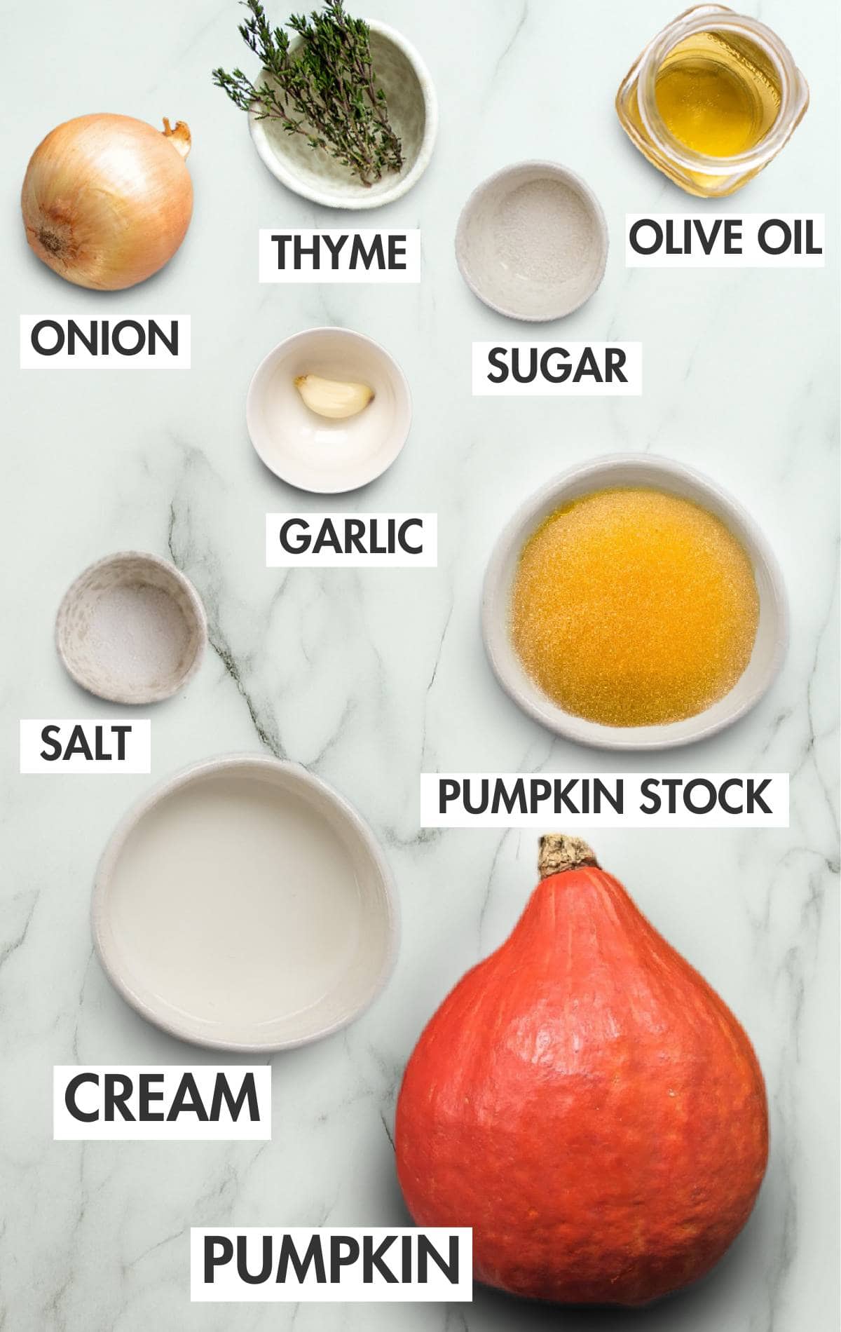 Flat lay of pumpkin soup ingredients including Hokkaido pumpkin, heavy cream, and pumpkin stock.