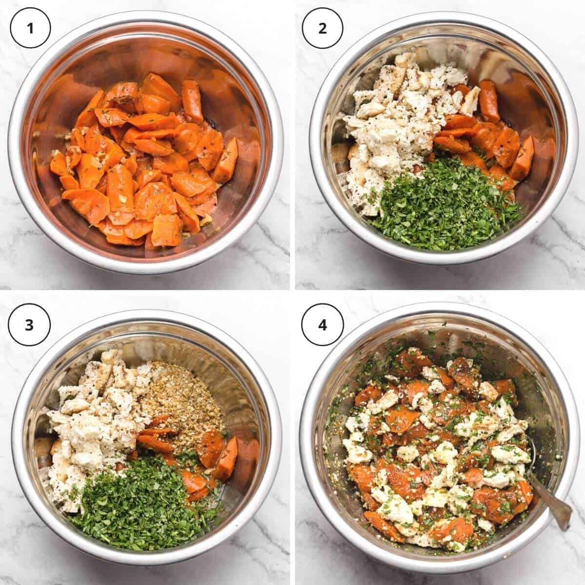 picture steps of written instructions how to make roasted carrot salad