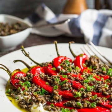 roasted red peppers with mascarpone and olive tapenade