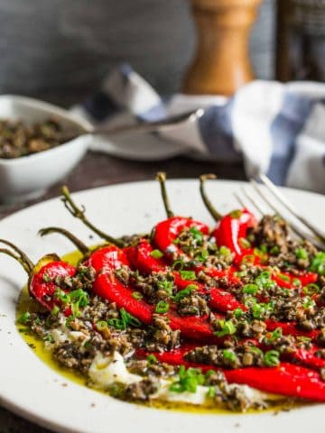 roasted red peppers with mascarpone and olive tapenade