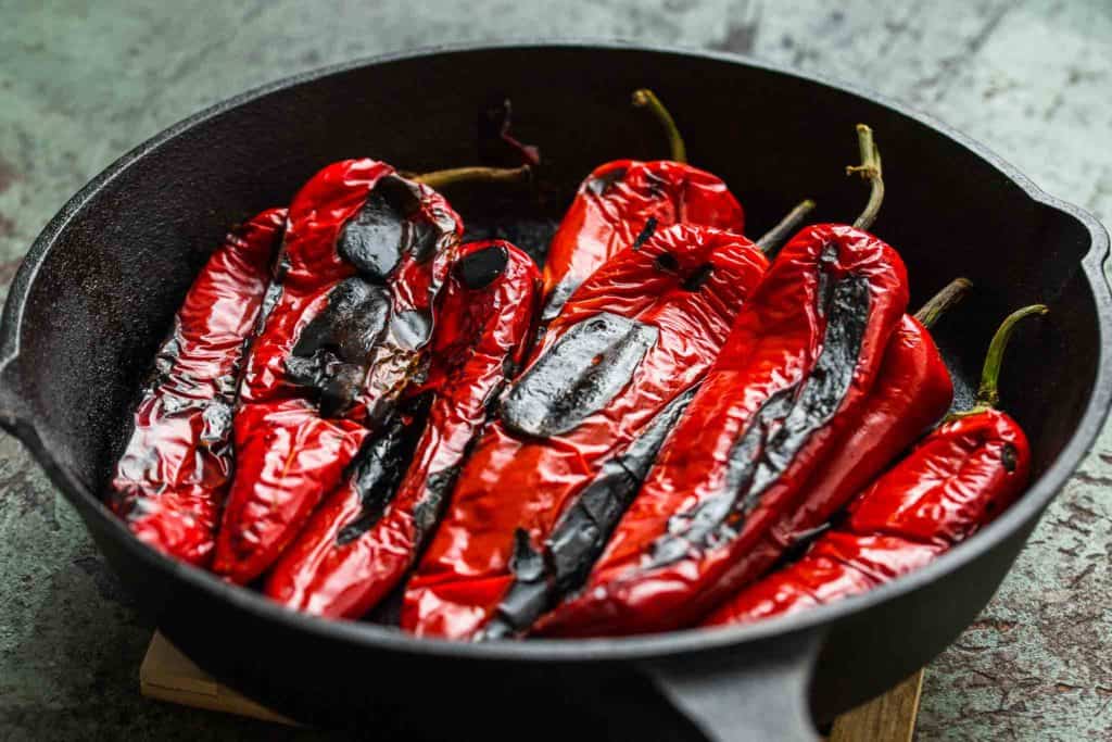 roasted red peppers in skillet