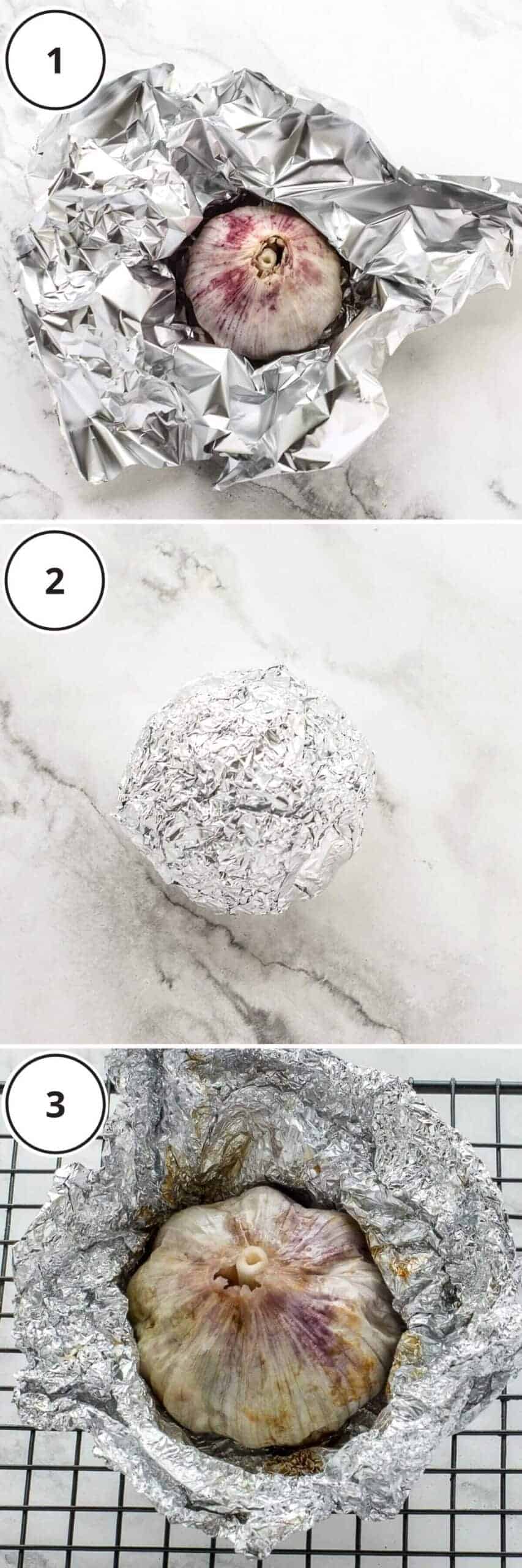 roasted garlic and tin foil on marble