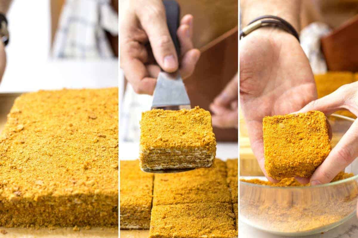 cutting honey cake into smaller cakes