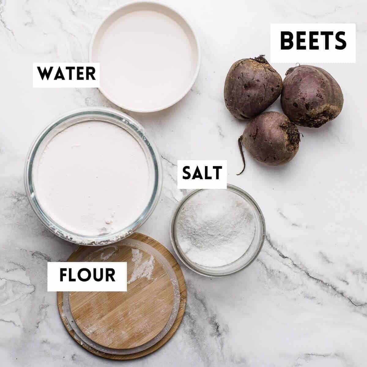 ingredients for making salt roasted beets. water, flour, salt and beets