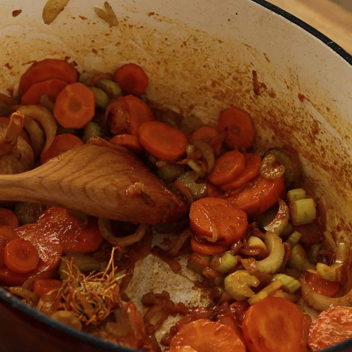 Sautéed vegetables and tomato paste.