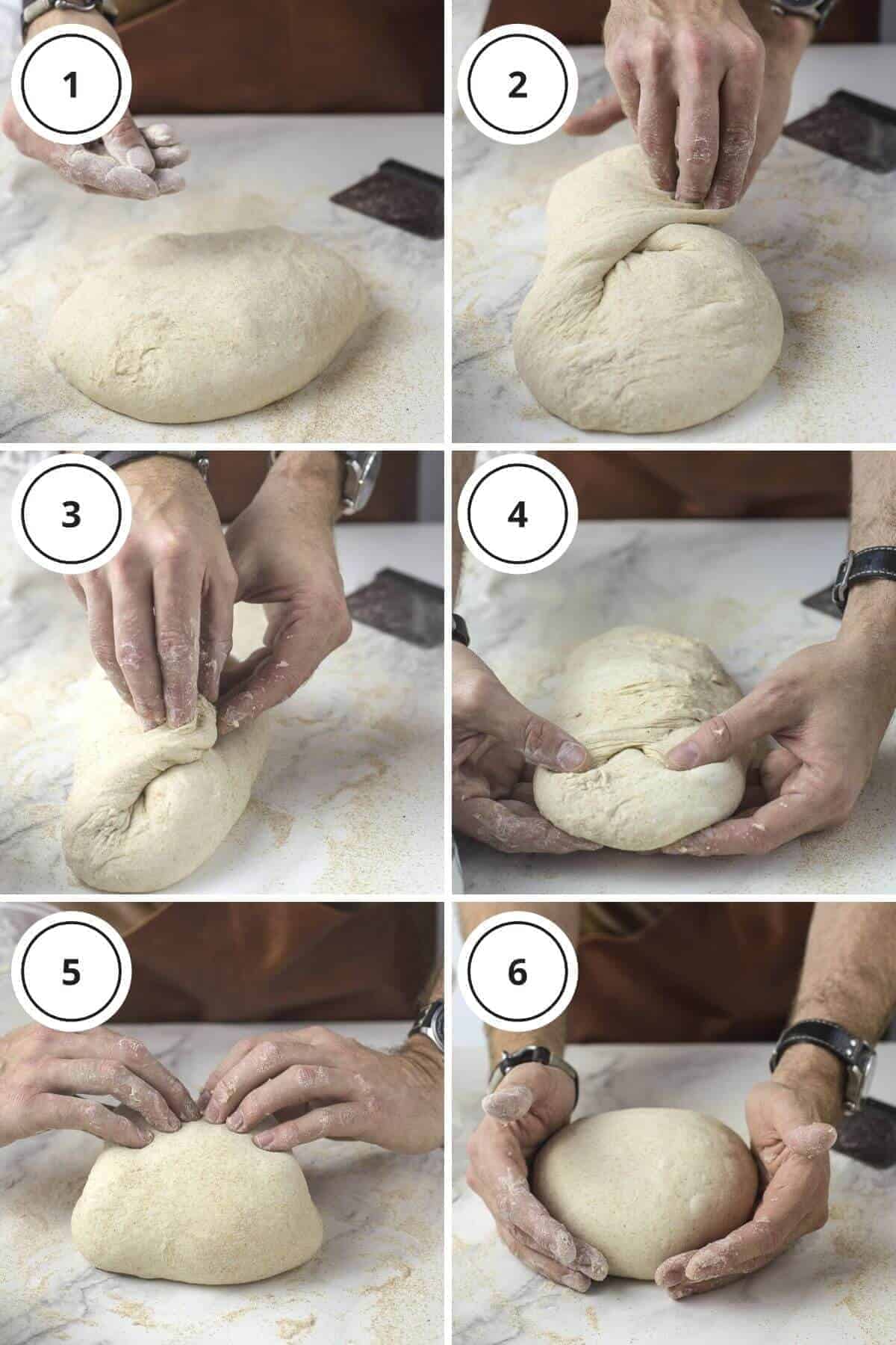 picture steps of written instructions how to shape sourdough.