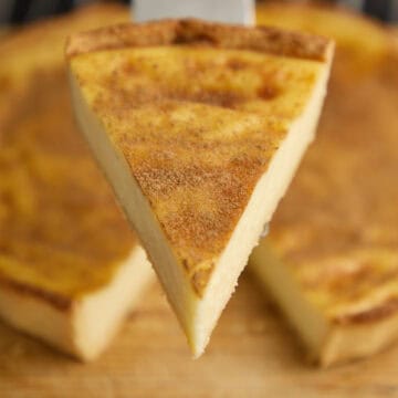 Slice of baked milk tart with creamy custard filling and cinnamon-dusted top.