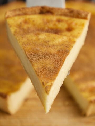 Slice of baked milk tart with creamy custard filling and cinnamon-dusted top.