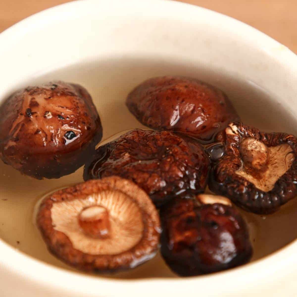 Soaking shiitake mushrooms in hot water.