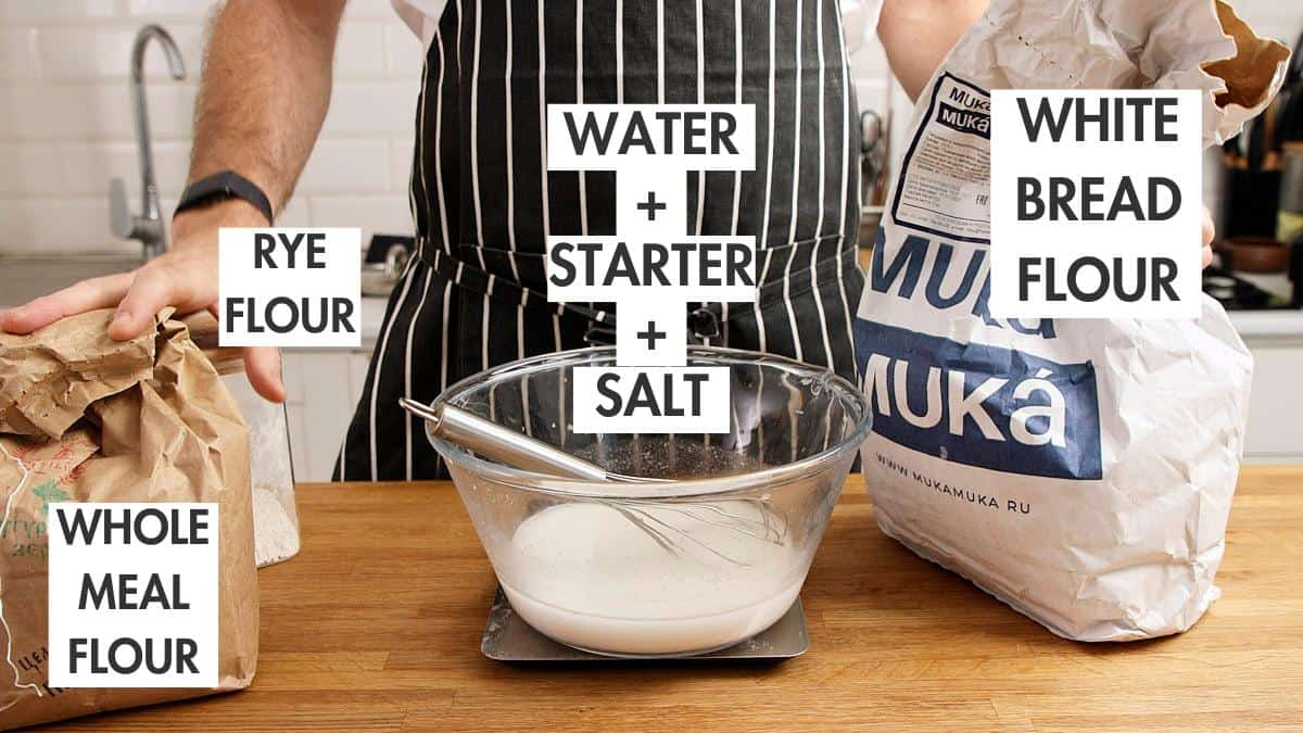 Ingredients for making sourdough bread on a table.