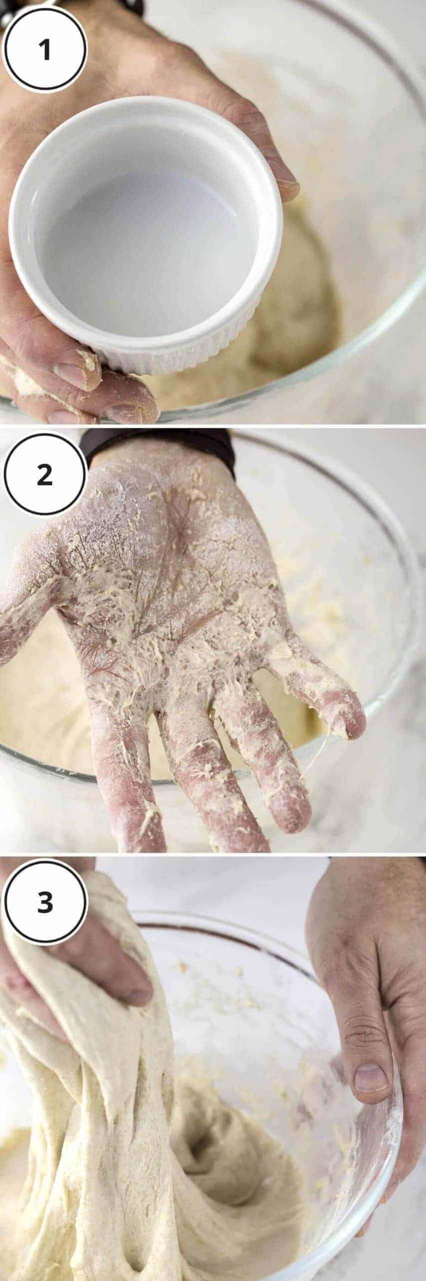 mixing salt into sourdough.