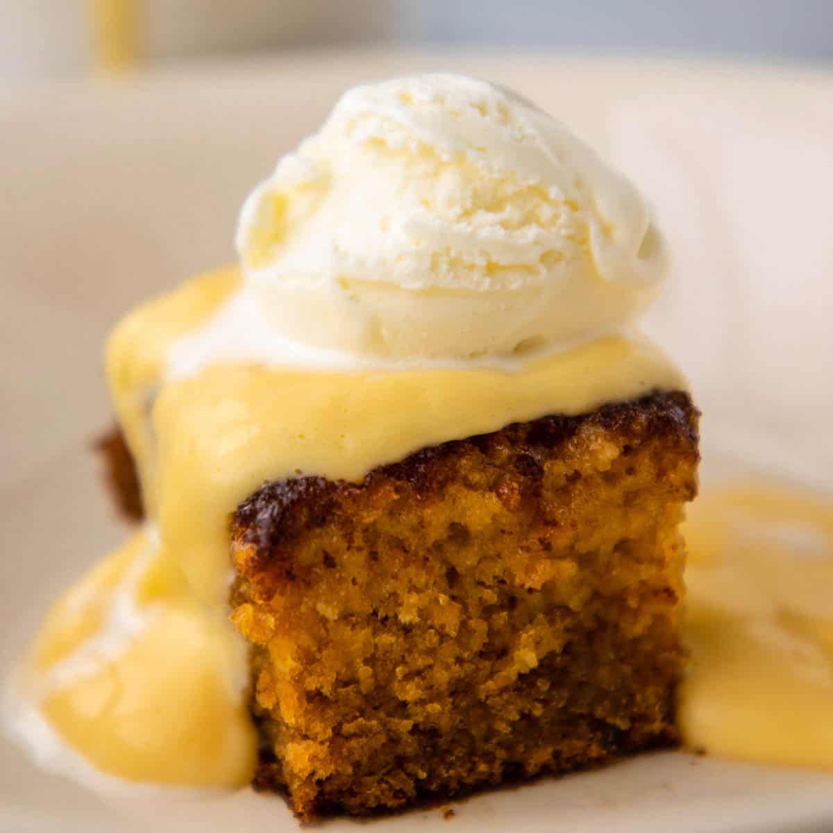 Malva pudding in white bowl with ice cream and custard.