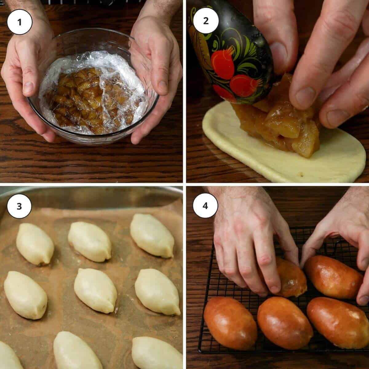 Picture steps for making apple piroshki.