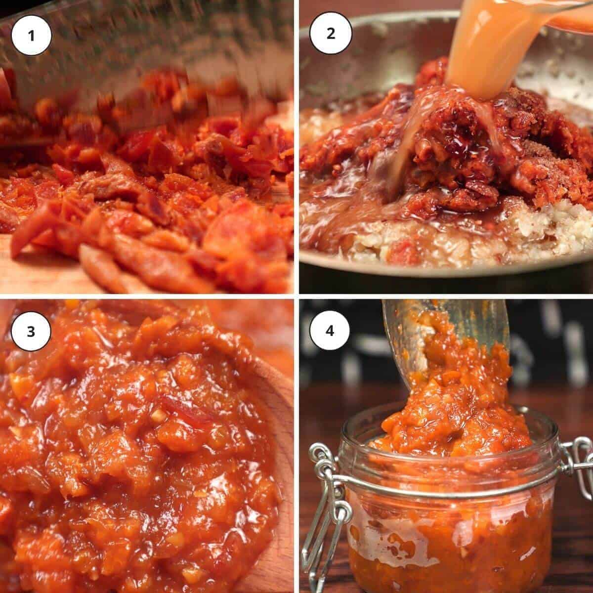 Picture steps for making apricot chilli chutney.