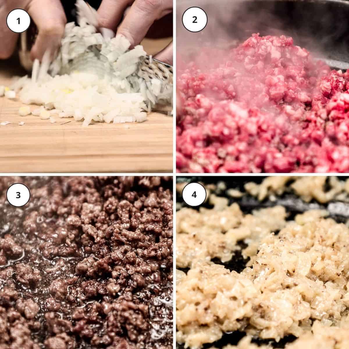 Picture steps for making bobotie.