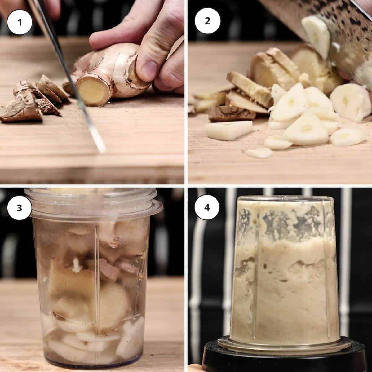 Picture steps for making garlic and ginger paste.