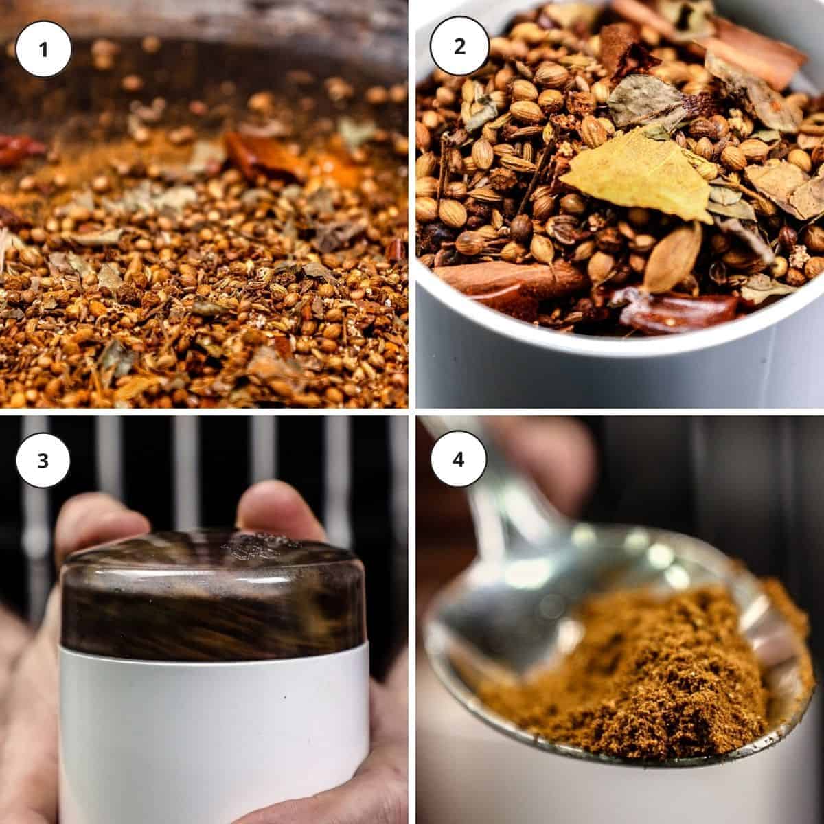 Picture steps for making homemade curry powder.
