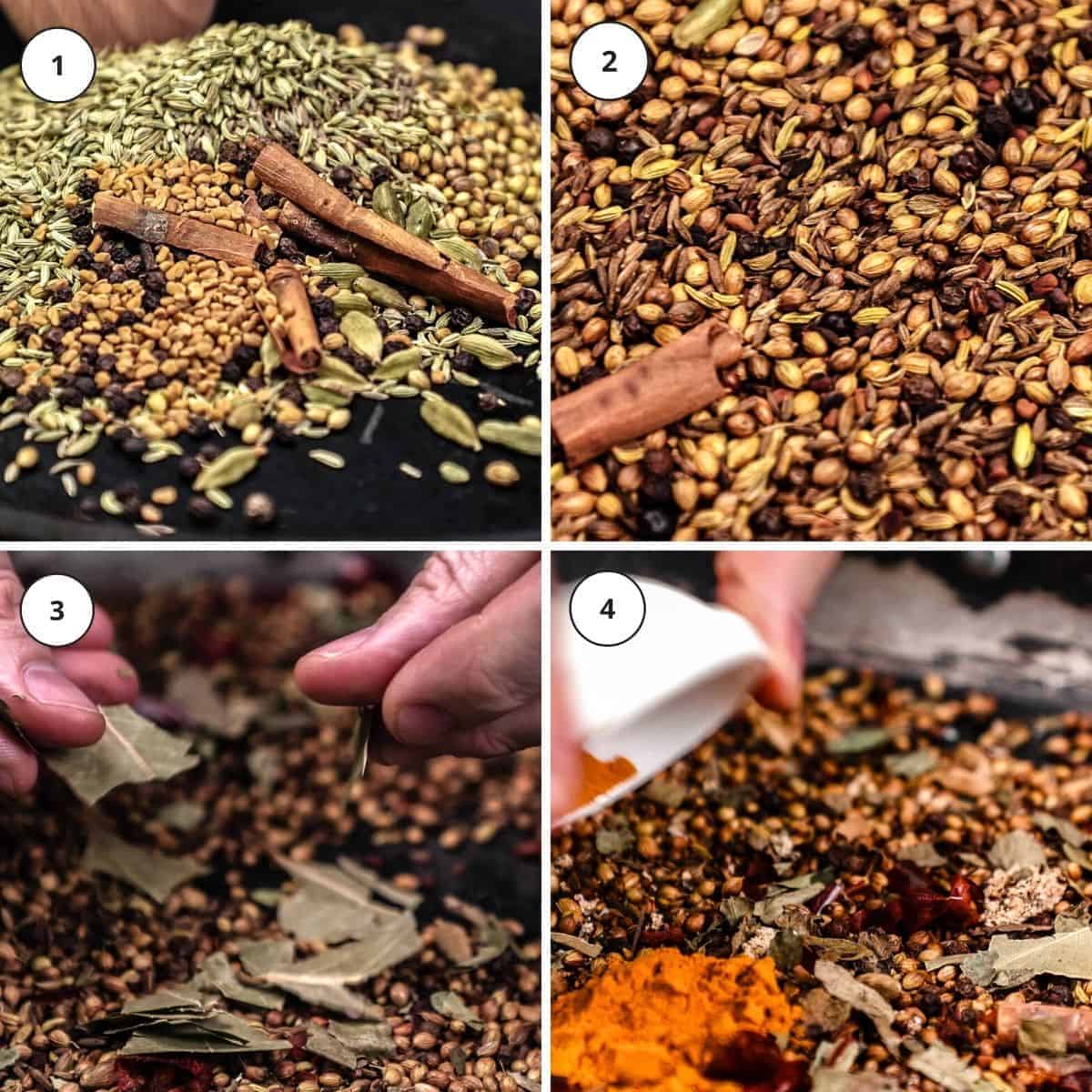 Picture steps for making homemade curry powder.